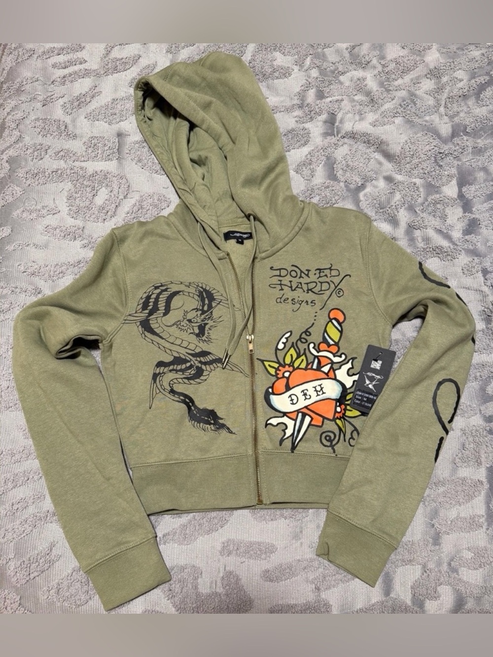 Ed Hardy Dragon Dagger Green Zip Up Crop Hoodie Size Medium